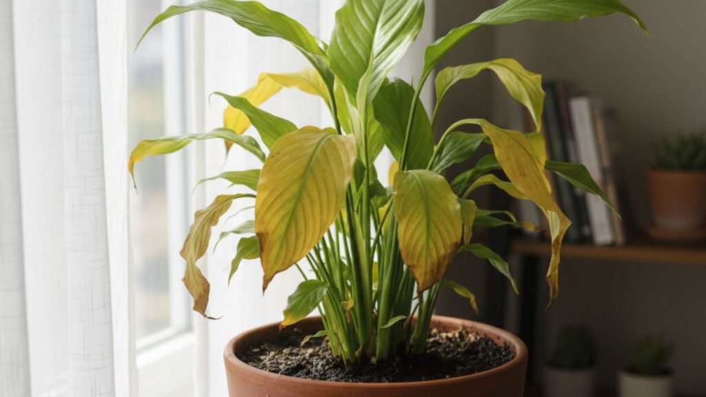 Lírio-da-paz com folhas murchas e amareladas em vaso, próximo à janela com cortina branca, em sala iluminada.