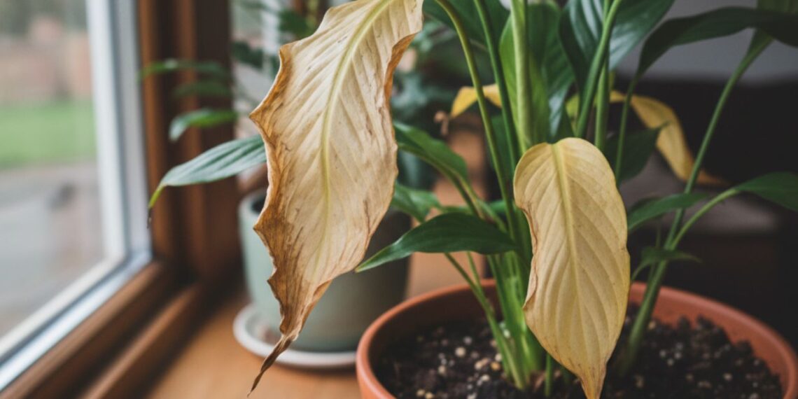 Lírio-da-paz com folhas amareladas em vaso de barro próximo à janela, em ambiente interno com luz natural suave.