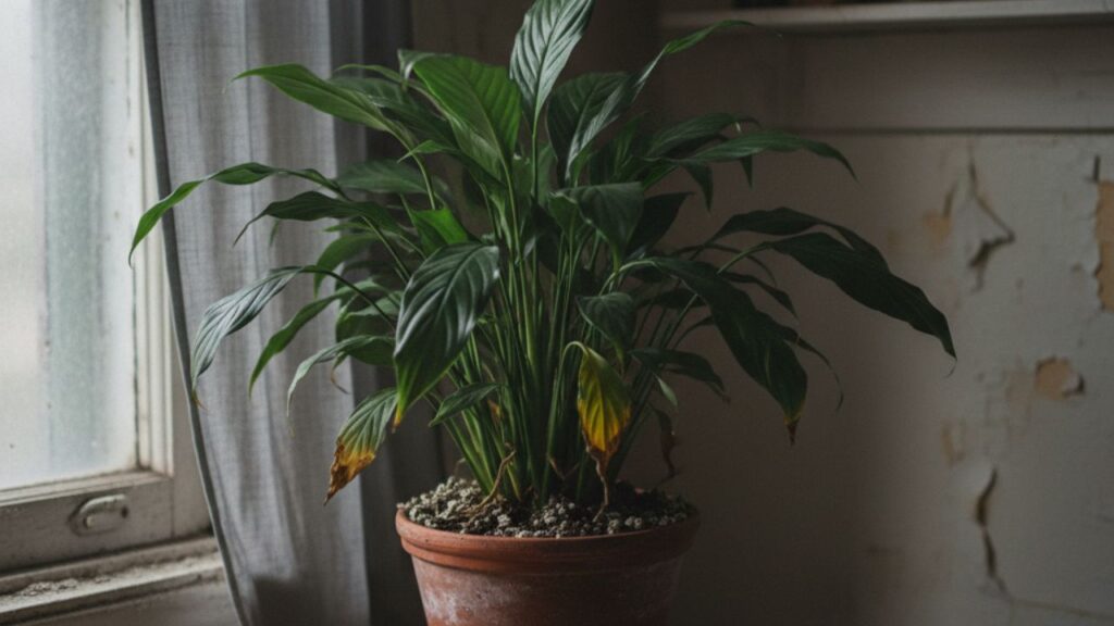 Lírio-da-paz em vaso com folhas caídas e amareladas, colocado em ambiente interno com pouca iluminação natural.