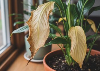 Lírio-da-paz com folhas amareladas em vaso de barro próximo à janela, em ambiente interno com luz natural suave.