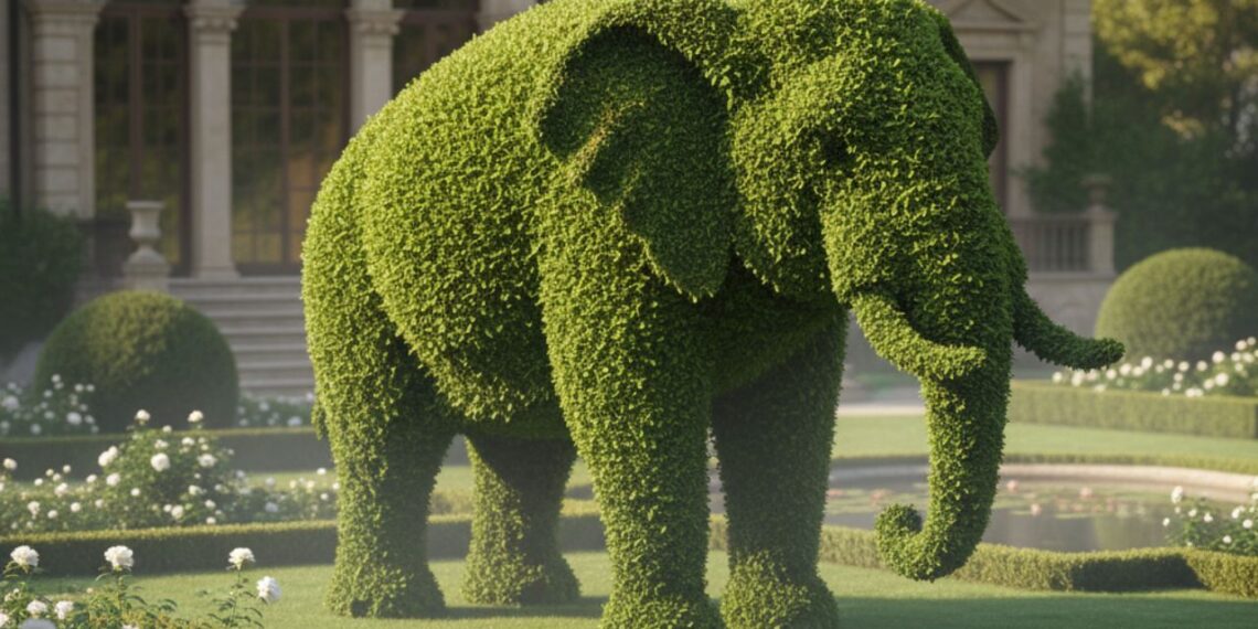 Exemplo de topiaria: molde de elefante no jardim