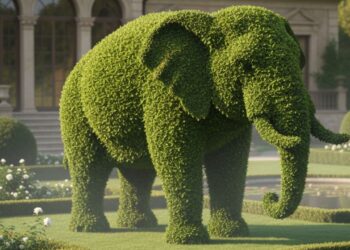 Exemplo de topiaria: molde de elefante no jardim
